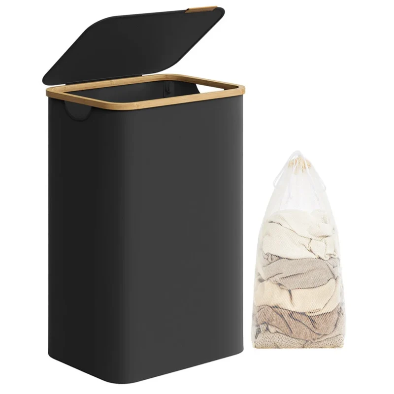 Cesto portabiancheria sottile con coperchio 65 litri salvaspazio fodera in rete rimovibile tessuto Oxford manici in bambù pieghevole nero 12_0006719