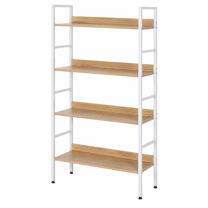Libreria Alta 5 Ripiani in Acciaio e Legno Bianco Rovere