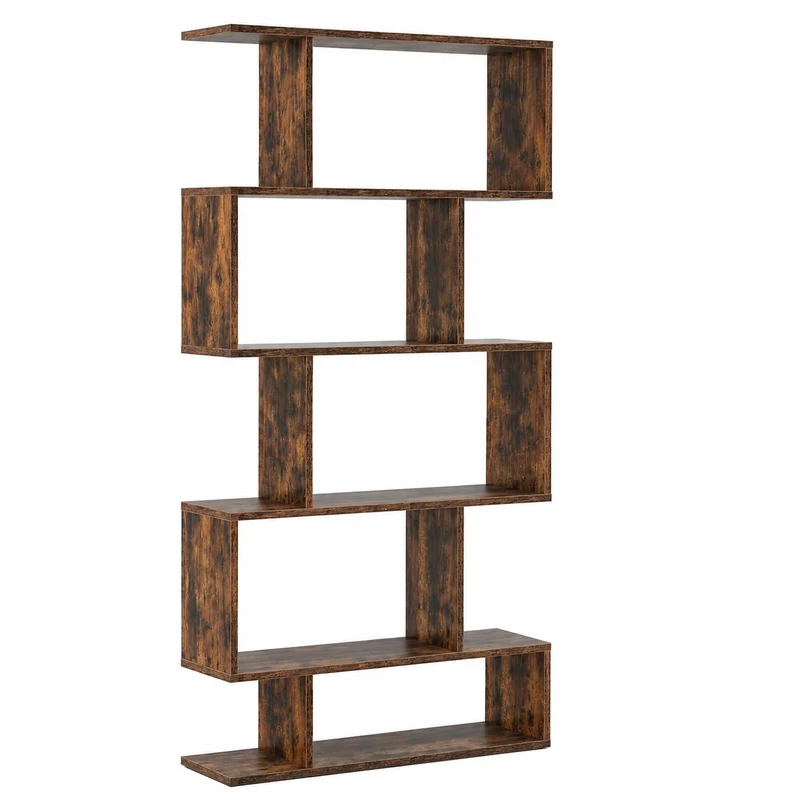 HOMASIS Libreria Verticale a Forma di S in Legno, Scaffale a 5 Ripiani per Soggiorno, Camera da Letto e Ufficio, 70x23,5x158cm (Marrone)