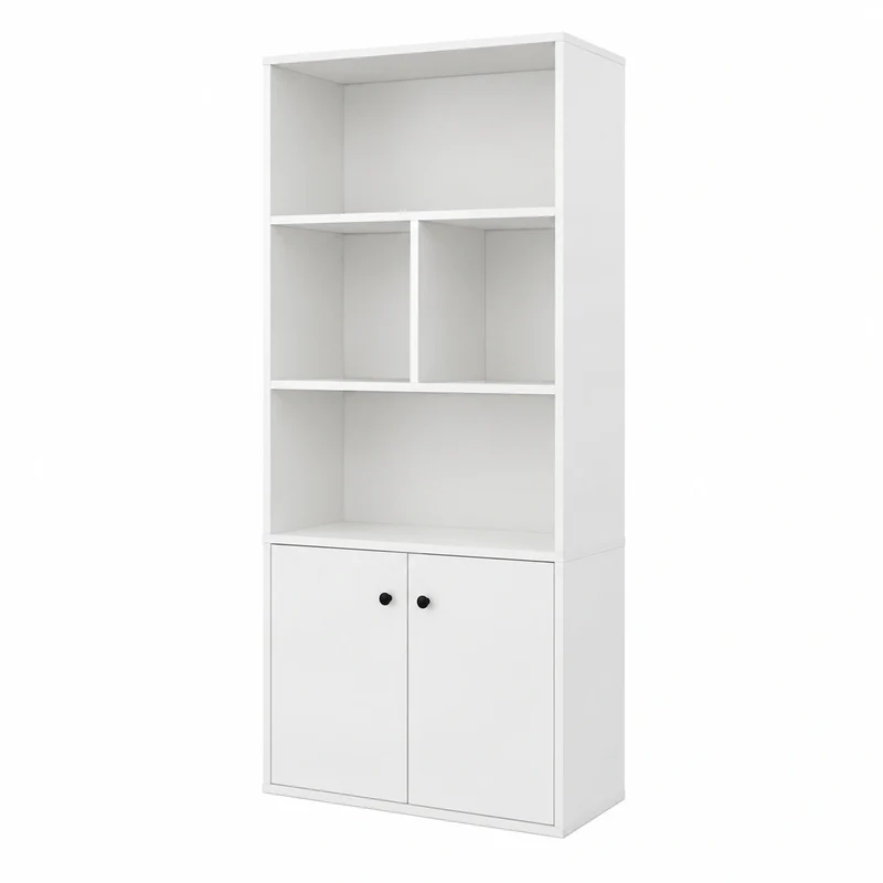 Libreria Moderna in Legno con Armadio a 2 Ante e Ripiani Regolabili, 4 Cubi, Kit Antiribaltamento, 70 x 29,5 x 155 cm, Bianco