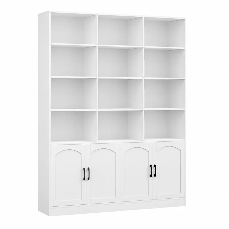 Libreria FirFurd 209 cm con 15 Scomparti, Scaffale in Legno a 4 Ante per Soggiorno e Ufficio, Colore Bianco