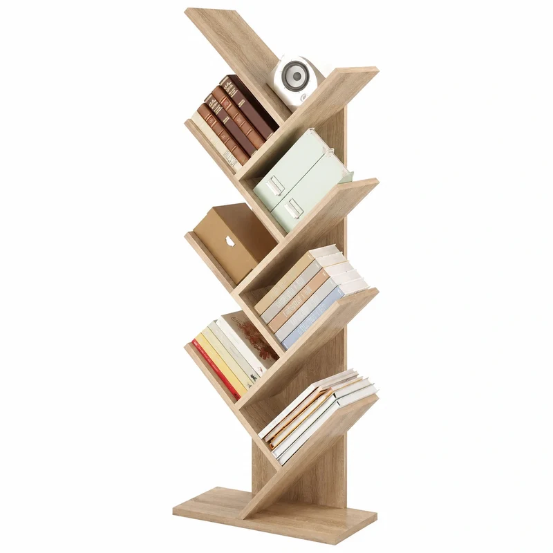 Scaffale Albero Salvaspazio in Legno a 9 Ripiani per Libri, Soggiorno e Studio, Colore Chiaro, 40x20x127cm