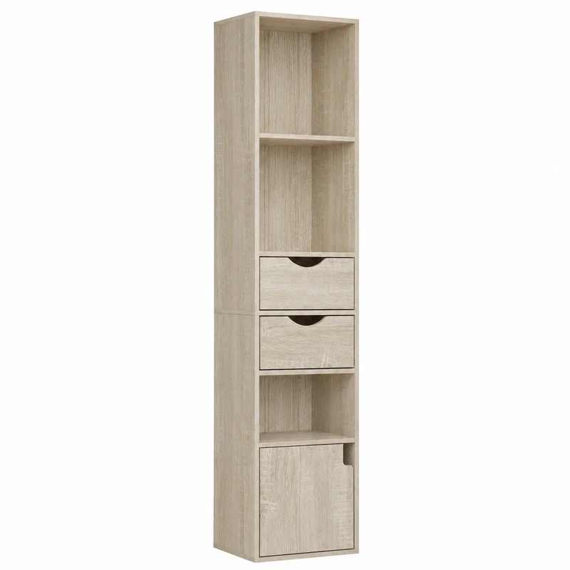 Scaffale Moderno in Legno con Ripiani e Cassetti, Libreria a Colonna con Armadietto, Portaoggetti Verticale, 30x24x158cm