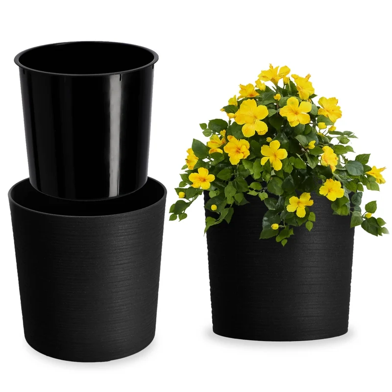 Vaso da fiori KADAX da 19 cm con coperchio e inserto, vaso da fiori in plastica nero