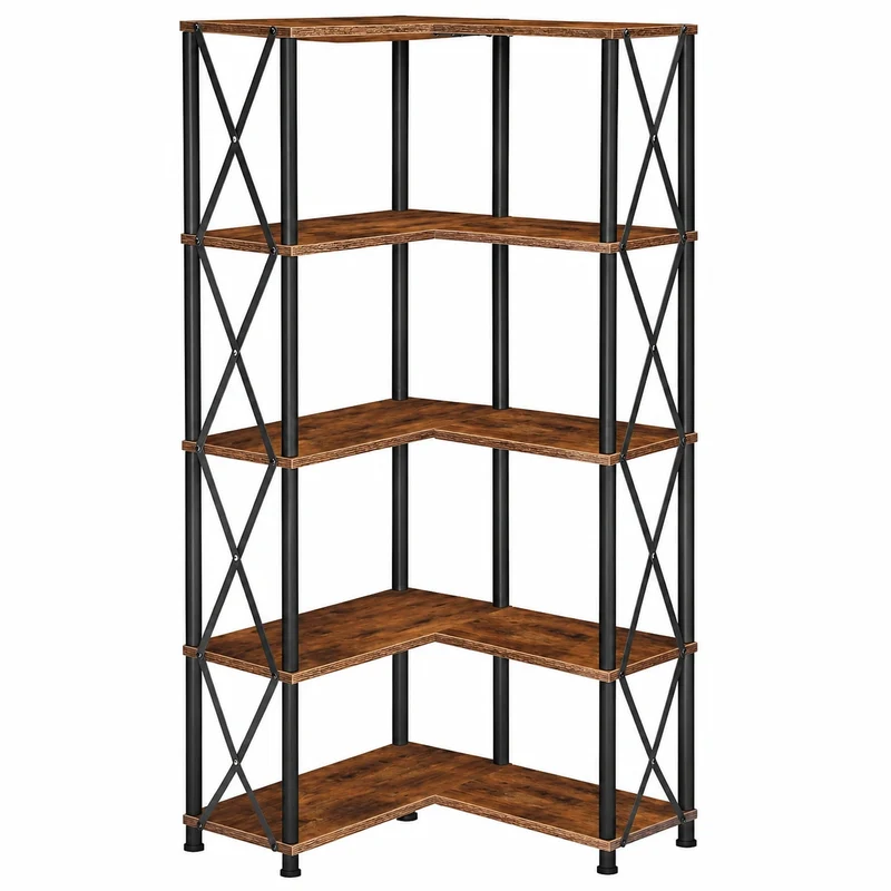 Libreria a 5 Livelli Vintage Industriale, Scaffale Angolare a L, per Soggiorno e Ufficio, Struttura Robusta in Metallo, Finitura Marrone e Nera