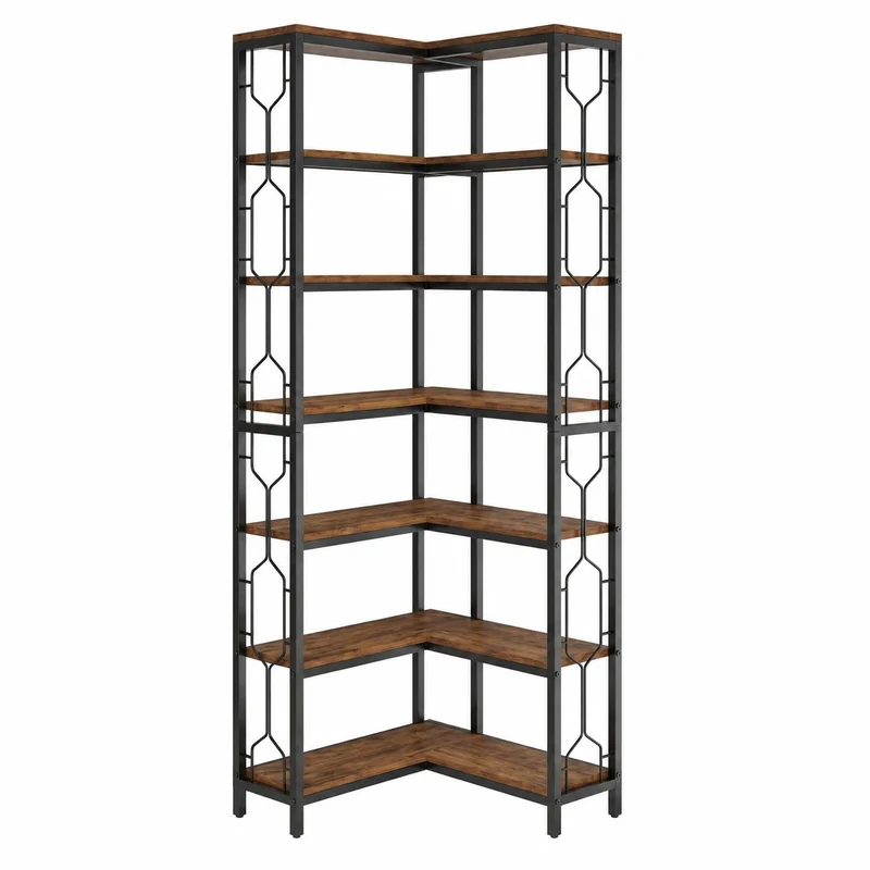 Scaffale Angolare a 7 Ripiani Tribesigns in Stile Industriale per Casa e Ufficio, Legno e Metallo, Marrone Vintage