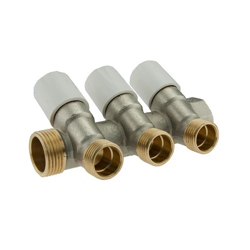 Collettore di distribuzione con vitoni di chiusura 3/4 x 1/2 3 vie